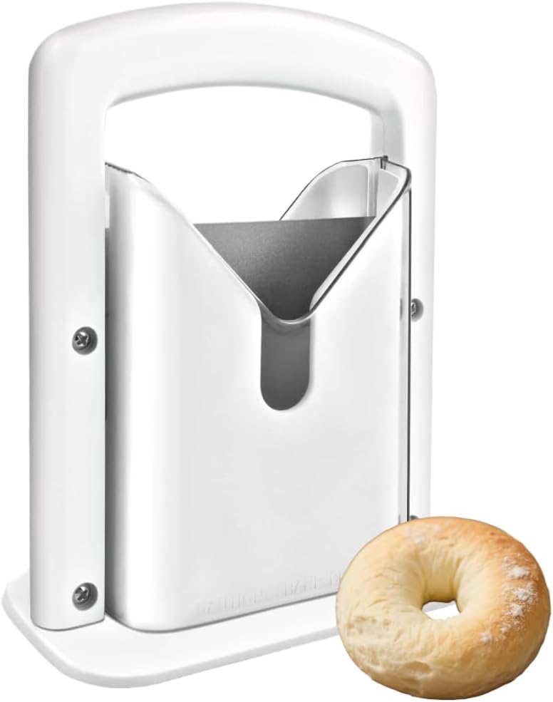 CJFNDFA Bagel Slicer & Cutter for Large Bagels - Stainless Steel Universal Slicer with Safety Shield & Grip | Perfect for Homemade Bagel Making (White) - Image 1